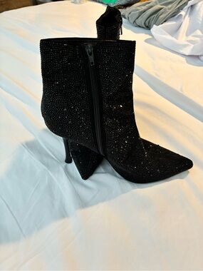 Black Crystal Embellished Pointed Toe Ankle Booties